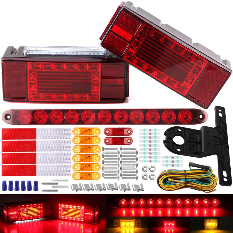 12V LED Trailer Lights Kit for Utility Trailer LED Submersible Rectangular Brake Stop Turn License Lights Unique Flag w8x Mini Side Clearance Marker Lights 15 11 LED Red Identification Light Bar